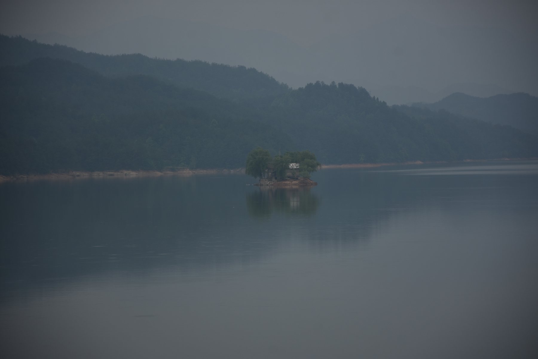 清晨的湖面，雾贴着水