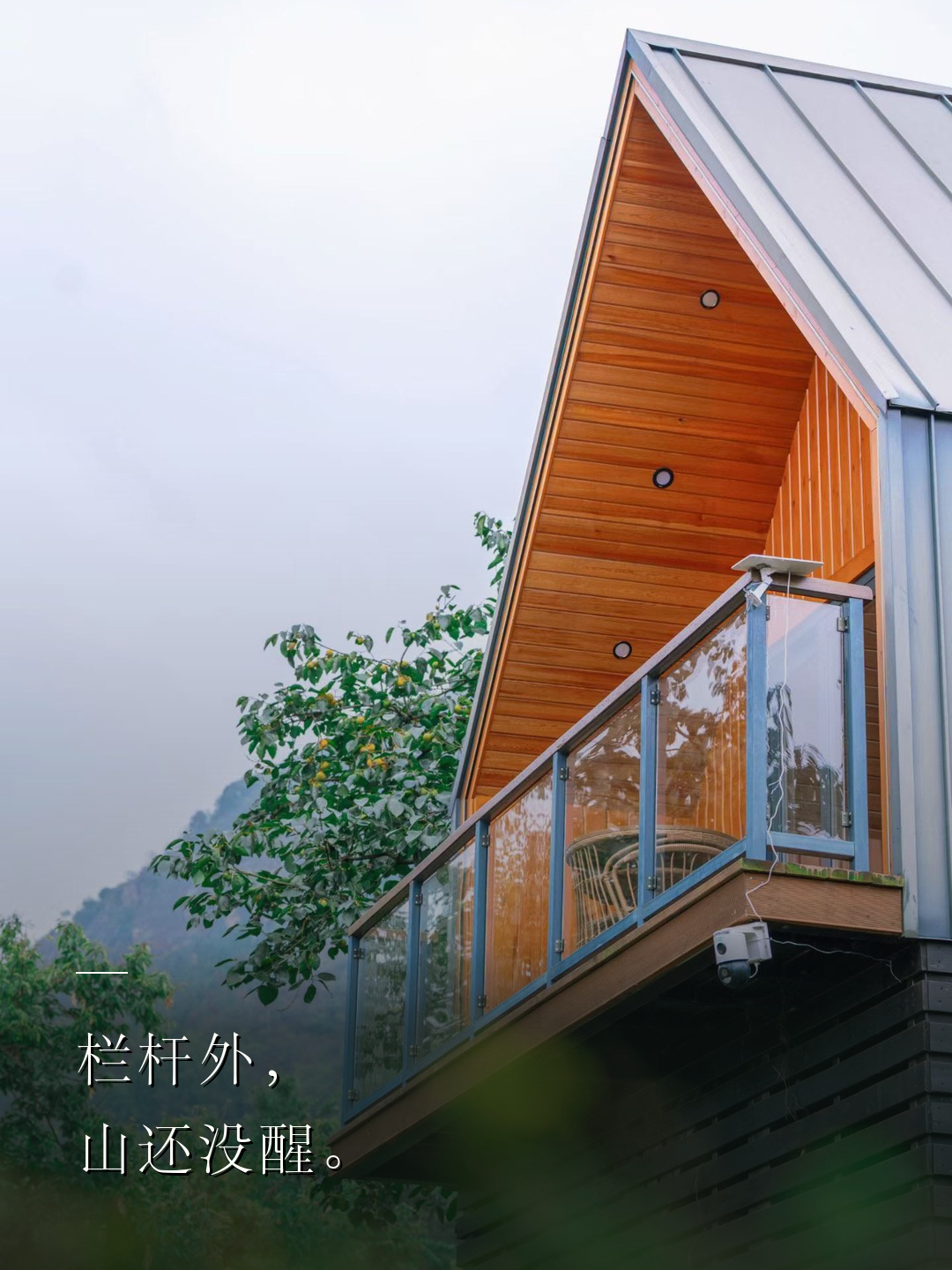 栏杆外，山还没醒。